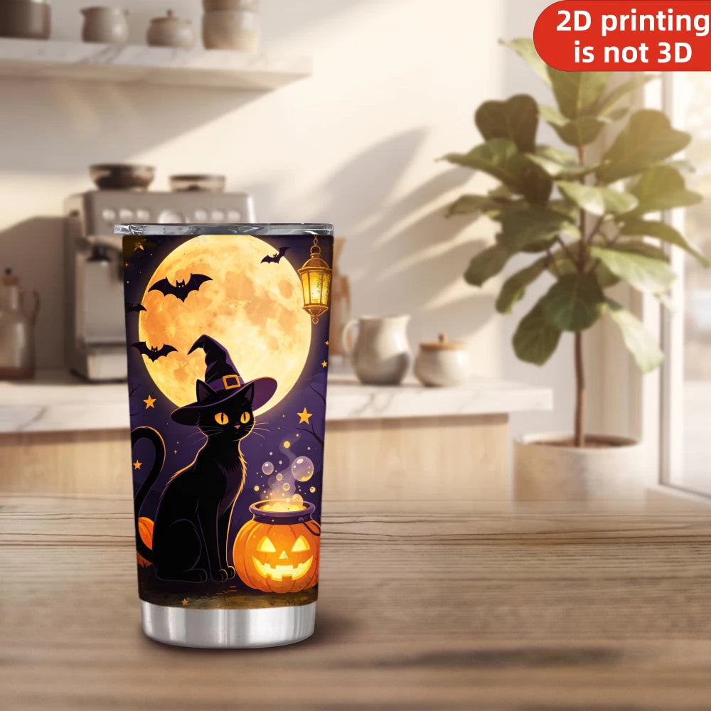 20oz Halloween Black Cat Witch Printed Stainless Steel Tumbler with Lid and Straw, Full Moon Glowing Pumpkin Cauldron Spooky Night Vacuum Insulated Travel Coffee Mug Gifts