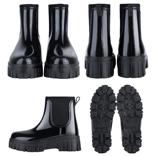 PVC Fashion Rain Boots Shoes For Women Solid Anti-slip Wear-resistant Thick Soled Shoes Low Cut High Top Round Toe Waterproof Water Shoes