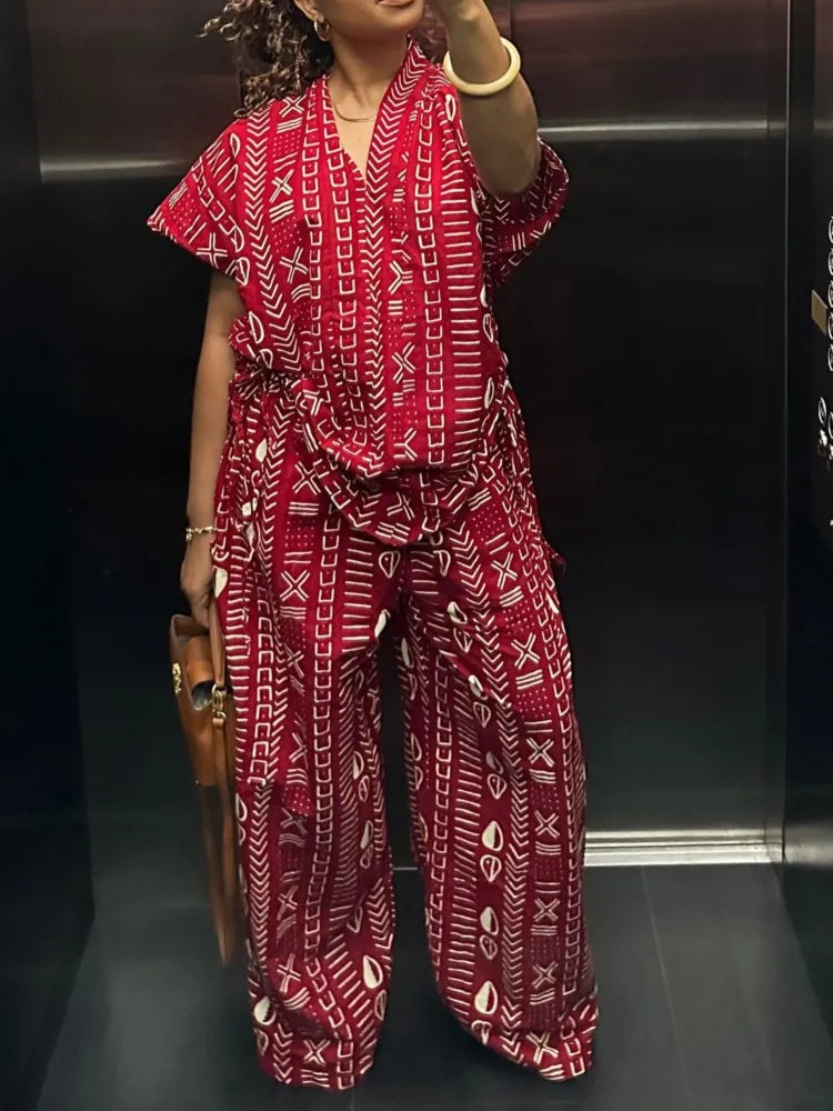 New Fashion Printed Two-piece Set Women's Loose Casual Short-sleeved Drawstring Waist Slimming V-neck Shirt Wide-leg Pants Sets