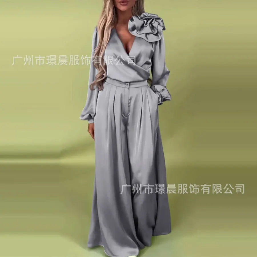 Fashion 2 Piece Set Women Outfit 2025 Apring Summer Casual Long Sleeve V-neck Blouse And Wide Leg Pant Sets Female