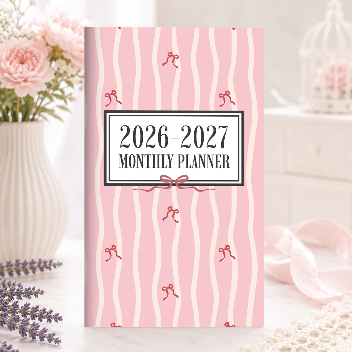1PC A6 2026-2027 Monthly Planner Notebook, July 2026-June 2027, Pink Bow Soft Cover, Monthly View with Notes