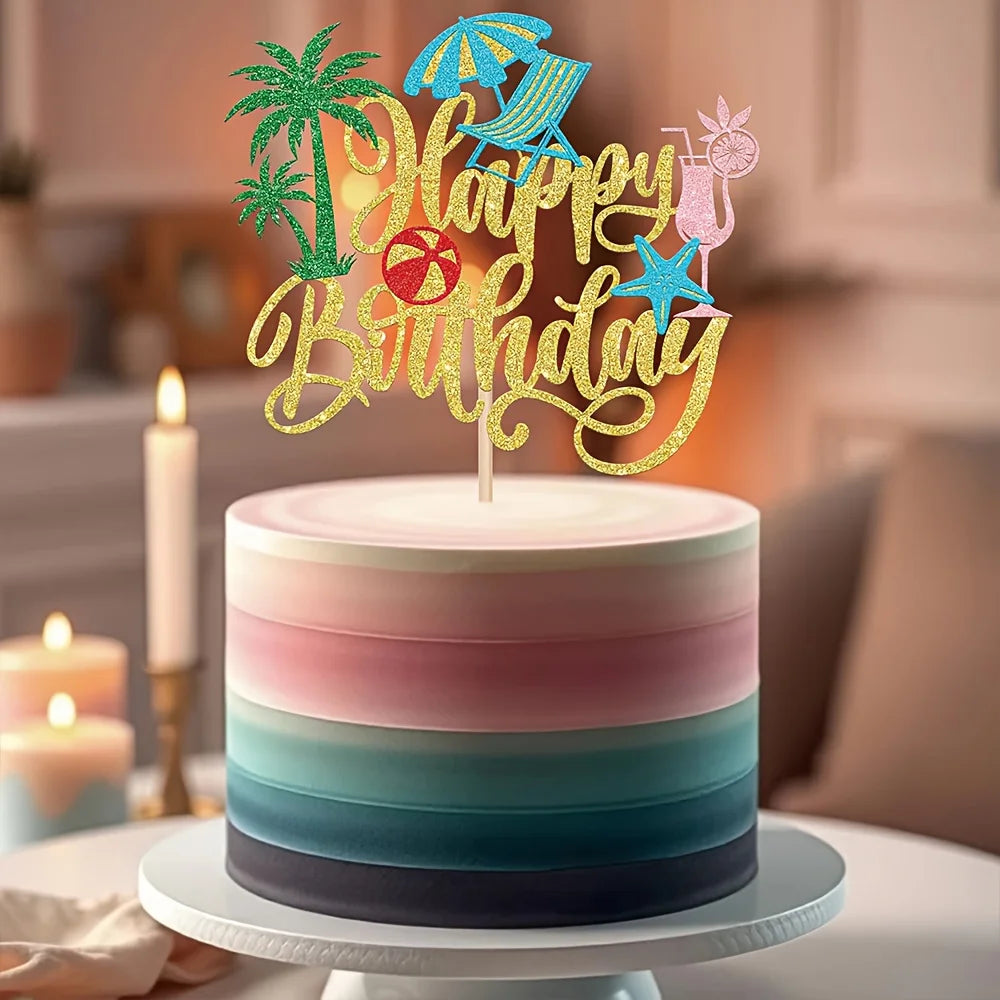 1Pc Hawaiian Beach Cake Topper Palm Tree Hibiscus Surfboard Happy Birthday Letter for Summer Pool Birthday Party Decor