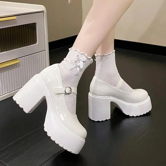 Black Super High Heels Mary Jane Shoes Women 2026 Goth Chunky Platform Pumps Woman Plus Size Ankle Buckle Party Lolita Shoes 42