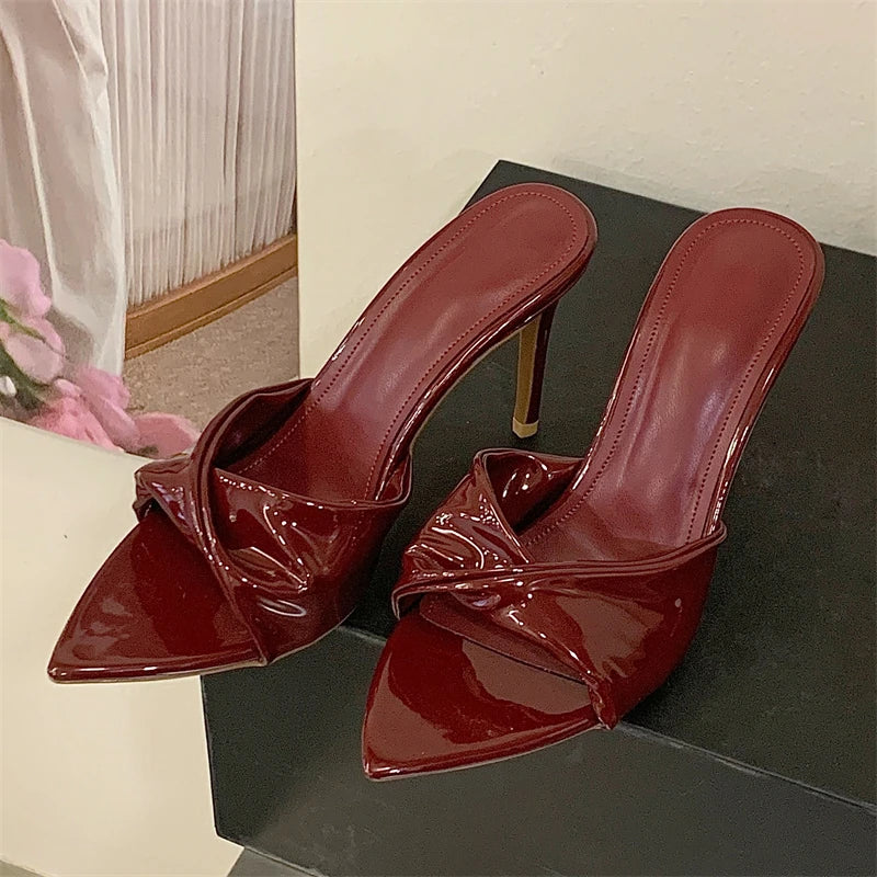Aneikeh 2026 Summer Pointed Toe Wrinkle Designer Sexy Thin High Heels Woman Slippers Stripper Banquet Prom Slides Ladies Shoes