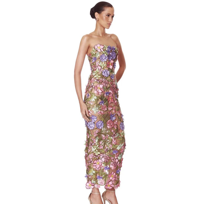 New Sexy Strapless Back Lace Up Dress for Women, Slim Fit and Simple Floral Embroidery Fabric Party Dress Long