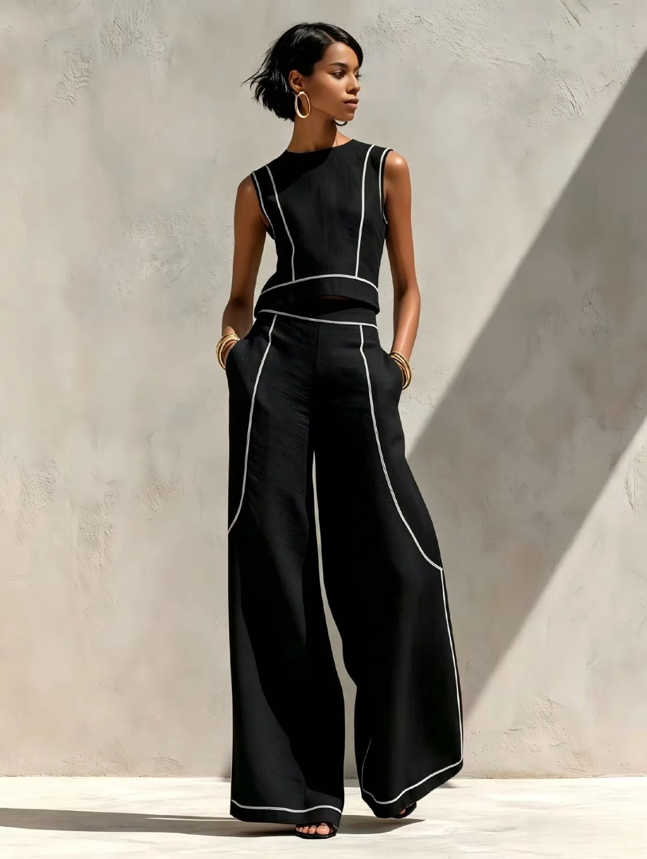 Women Striped Print 2 Piece Set Sleeveless Round Neck Tank Top High Waist Pocket Wide Leg Trousers Suit New Summer Resort Outfit