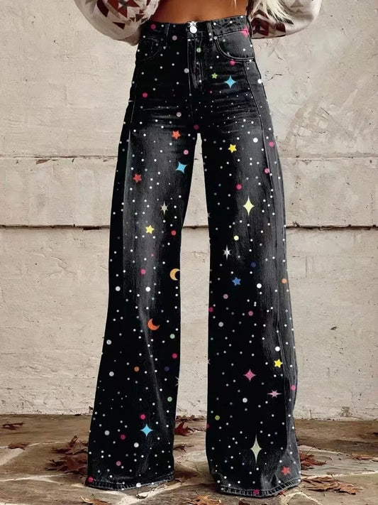 Women's 3D Printed Flare Jeans-Polyester Wide Leg Pants with Distressed Vintage Look, High Waist Comfort Fit for Street Fashion