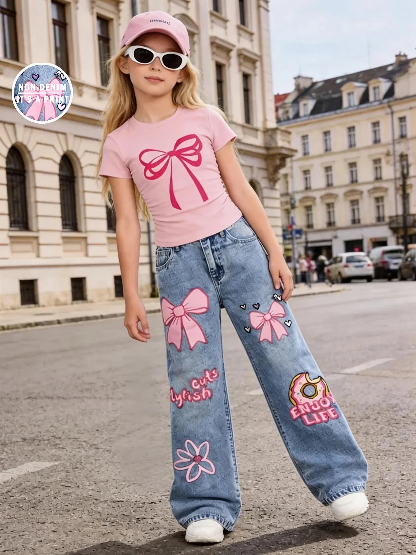 Girls' Y2K Style 2-Piece Set: Pink Bow-Print Slim-Fit Cropped Short-Sleeve Tee + Cartoon Donut, Bow, and Floral Print Wide-Leg J
