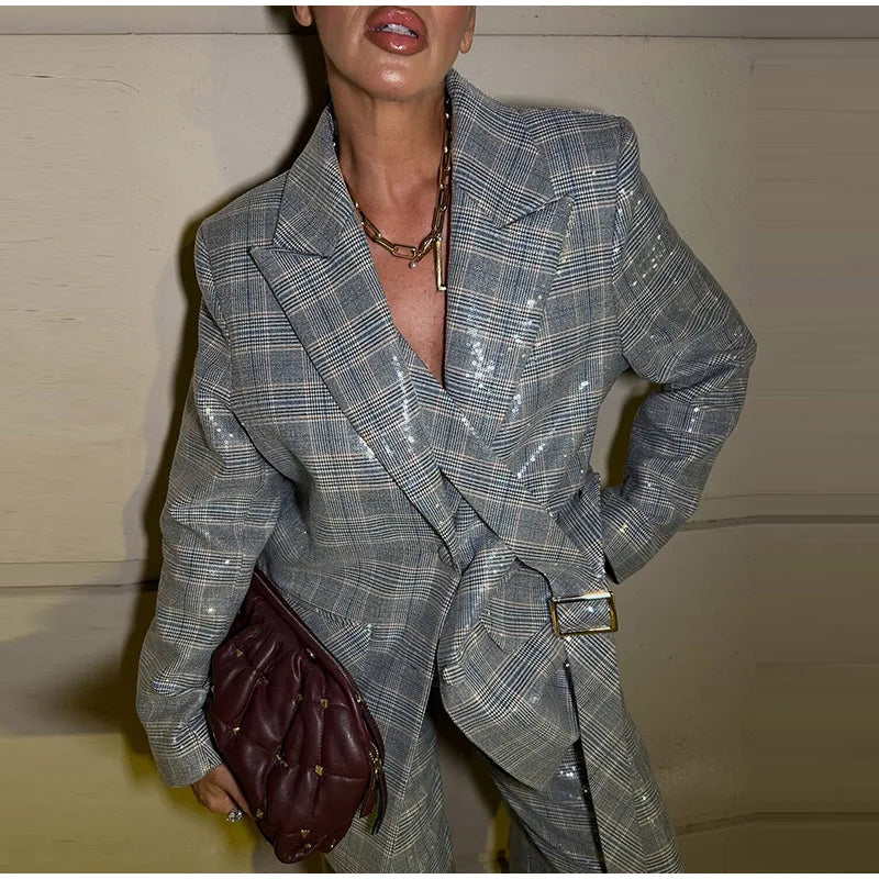 Elegant Sequin Stripe Lapel Neck Top Pant Sets Women Fashion Single Breasted Shine Ribbon Coat Leg Loose Pants Set Female Sets