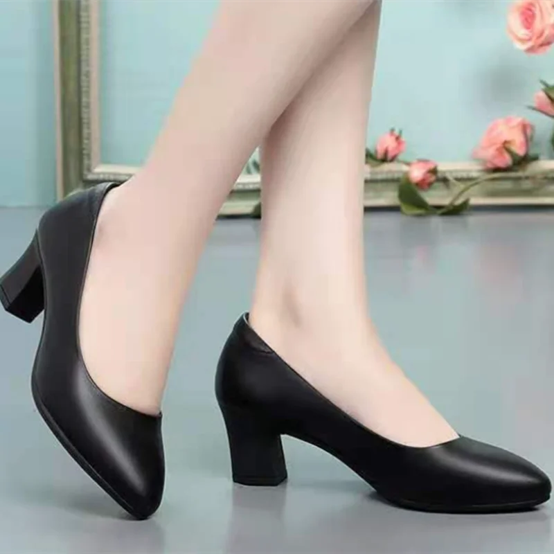 Women Cute Sweet Round Toe Black Pu Leather Spring Slip on Square Heel Shoes Zapatos De Mujer Lady Plus Size Office Pumps B37