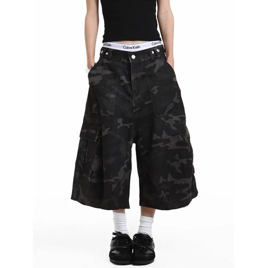 YIBASHU Women Cargo Short Jeans American Vintage Y2K 2000s Streetwear Camouflage Wide Leg Pants Summer Knee Length Denim Shorts