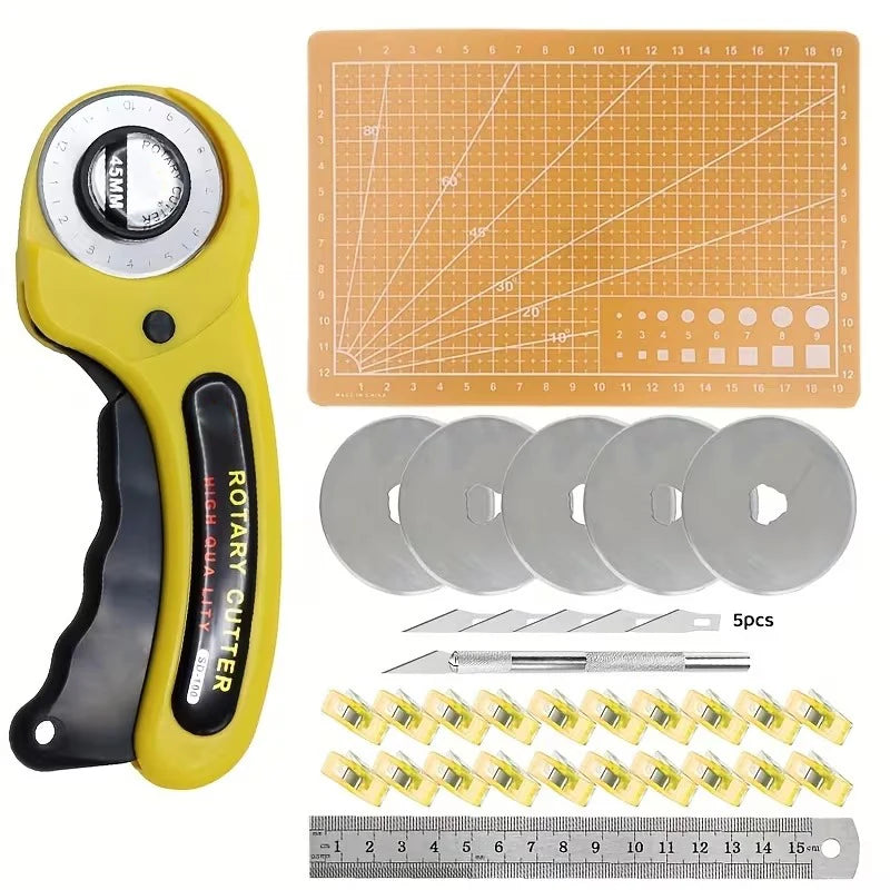 25PCS Rotary Cutter Set Quilting Kit 45mm Fabric Cutter with Blades & A4 Cutting Mat & Craft Knife Set & Sewing Clips for Sewing