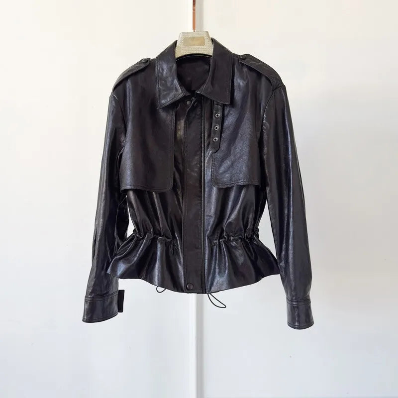 High Quality Chic Ladies Genuine Leather Short Jacket Zipper Turndown Collar Women Retro Oil Wax Sheepskin Jackets Casual Coat