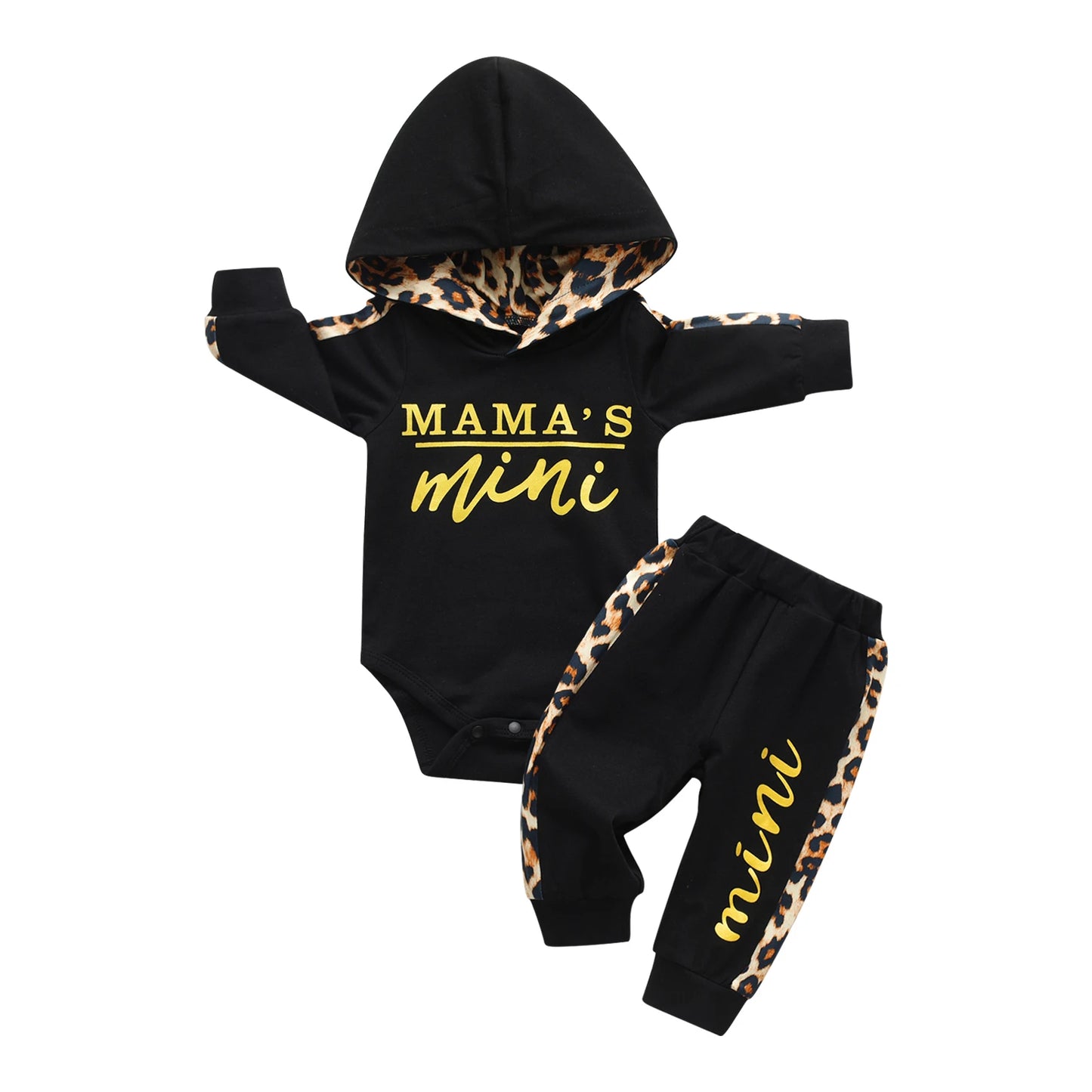 Infant Baby Girl Clothes Set Long Sleeve "Mama's Mini" Print Pullover Sports Hooded Tops and Leopard Pants Outfits Set