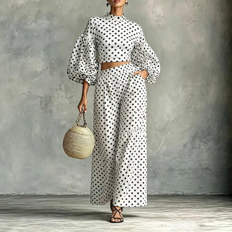 Vintage Polka Dot Matching Suits Women Mock Neck Lantern Sleeve Cropped Short Blouse & Loose Pants Sets Casual Two Piece Outfits