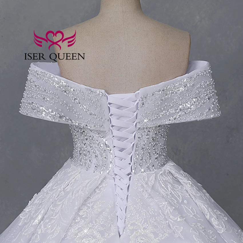 Customized America Fashion Deep V neck Luxury Wedding Dresses 2026 Off Shoulder Heavy Beading Bride Dress Ball Gown WX0465