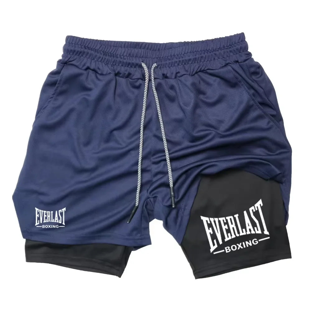 Men's compression gym shorts, EVERLAST printed sports pants, double layered, quick drying, basketball, muscle, fitness