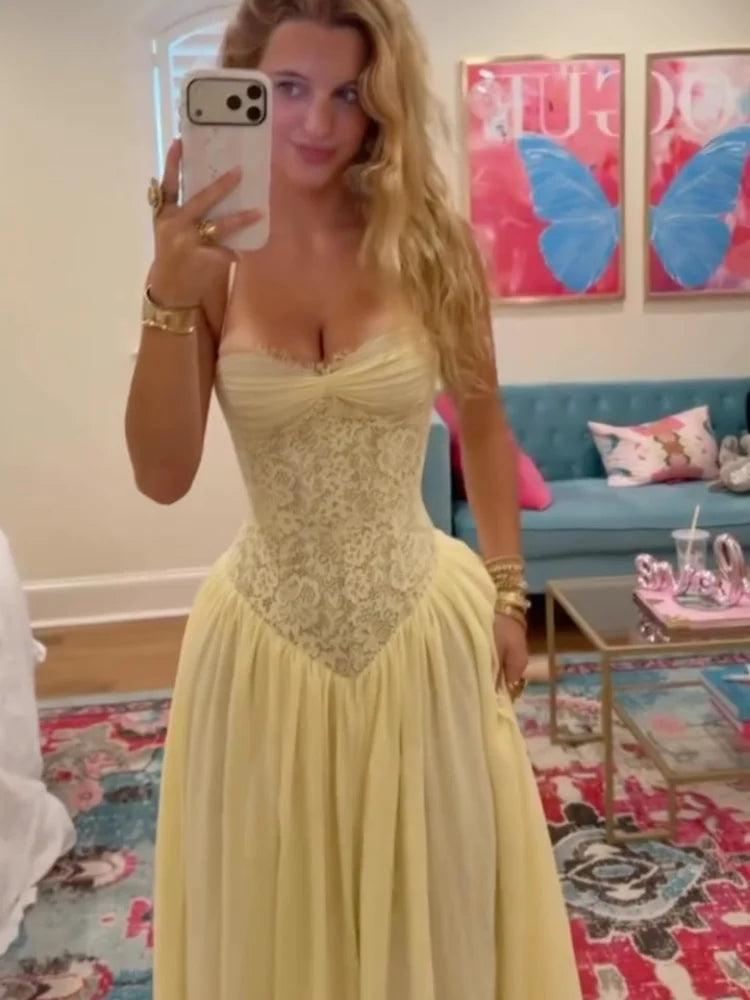 Sexy Yellow Lace Corset Maxi Dress Women's Spaghetti Strap Ruched Bust Flowy Chiffon Long Gowns 2026 Lady Evening Party Wear