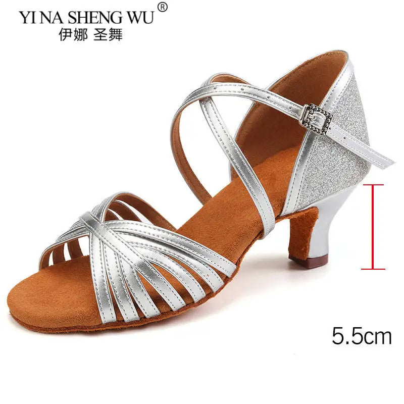 New Arrival Women Dance Shoes Latin Dance Ballroom Modern Dancing Soft Sole Practice Shoes Silver Gold Heel Shoes Dance Shoes