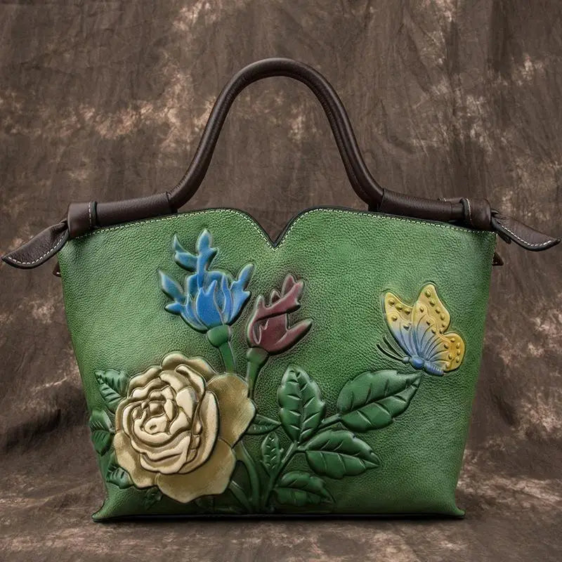 Johnature Retro Large Capacity Genuine Leather Luxury Handbags Women Bags 2026 New Floral Cowhide Shoulder&Crossbody Bags