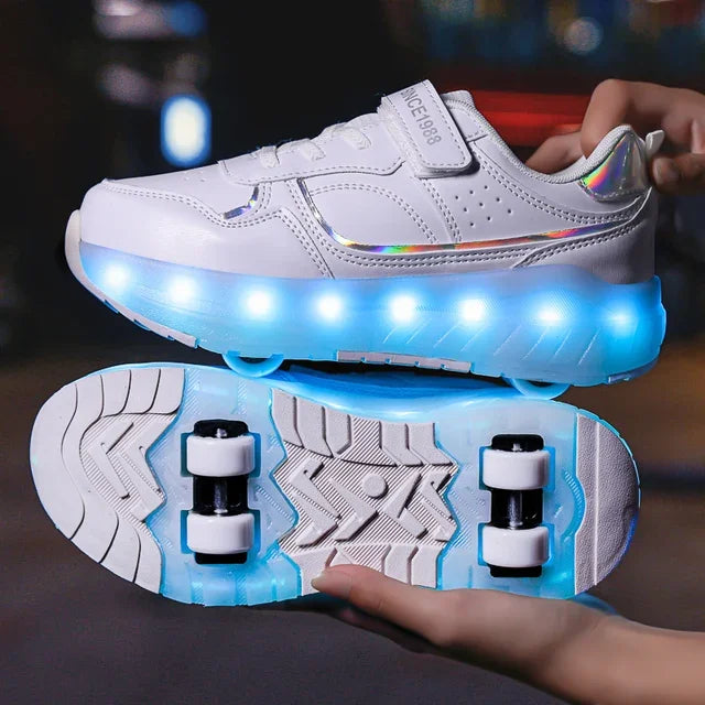 Children LED Light Sneakers 4 Wheels Luminous Shoes with Wheels Lights Rechargeable Girls Boys Women Kids Roller Skates Shoes