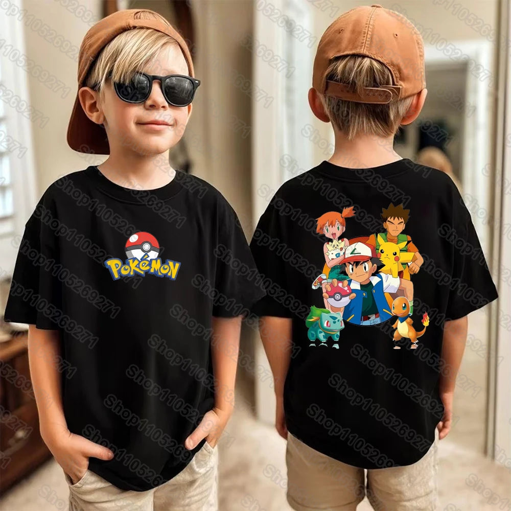 Pokemons Pikachu Cartoon Kids Printed T-Shirts Boys Girls Casual Short Sleeves Tops Children's Harajuku Fashion Tee Clothing