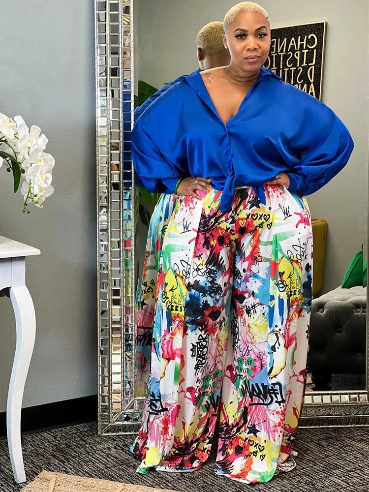 2piece Woman Outfit Streetwear Blue Silk Blouses Women Plus Size