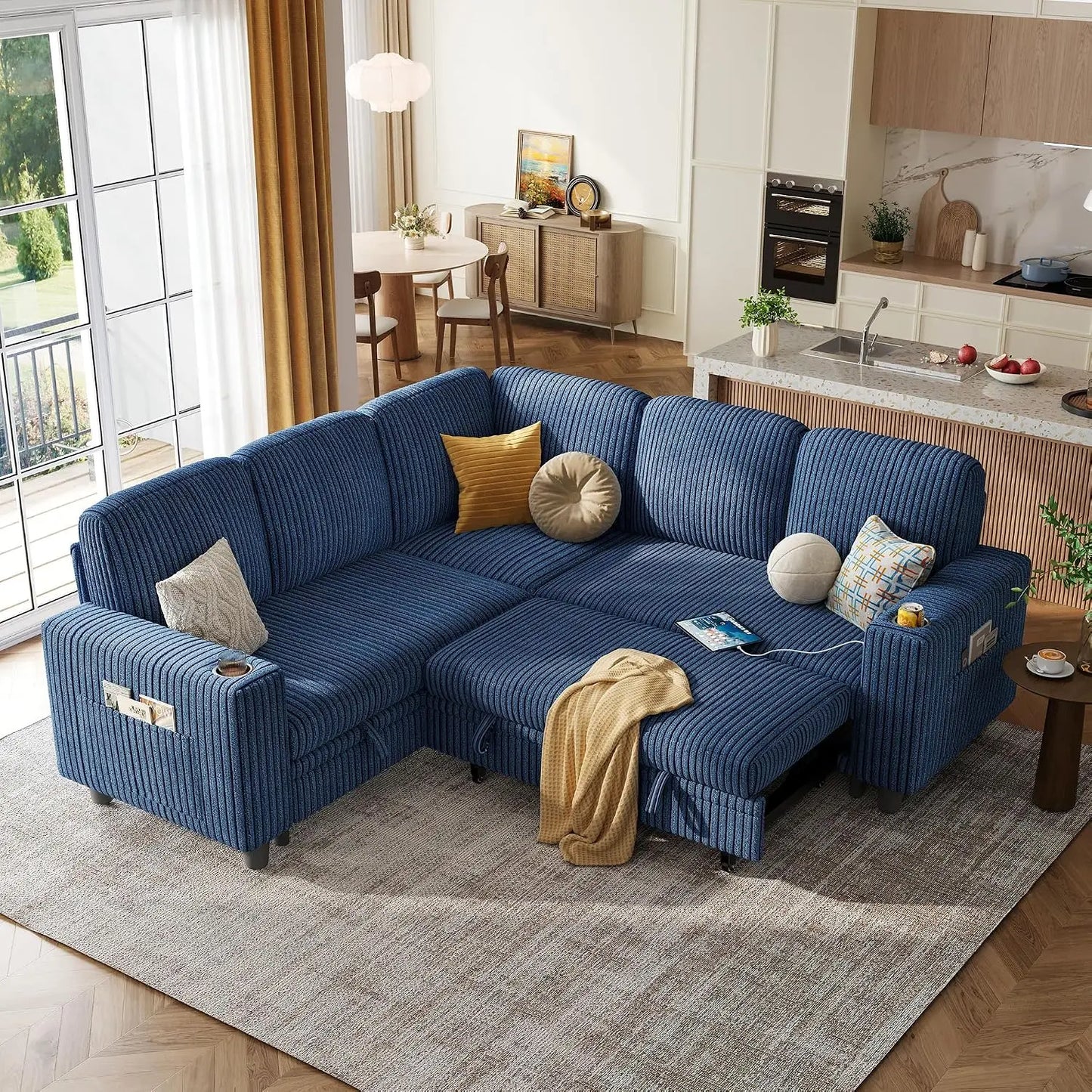 Sectional Couches for Living Room, 81" L Shape 5 Seats, Green | Sleeper sofa with pull out couch bed, corduroy, Customized