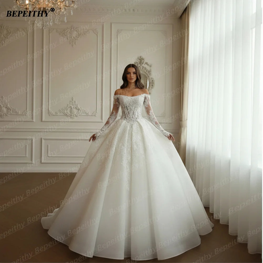 BEPEITHY Customizd Off Shoulder Long Sleeves Princess Wedding Dresses 2026 Ivory Plus Size Crystal Bride Romantic Bridal Gown