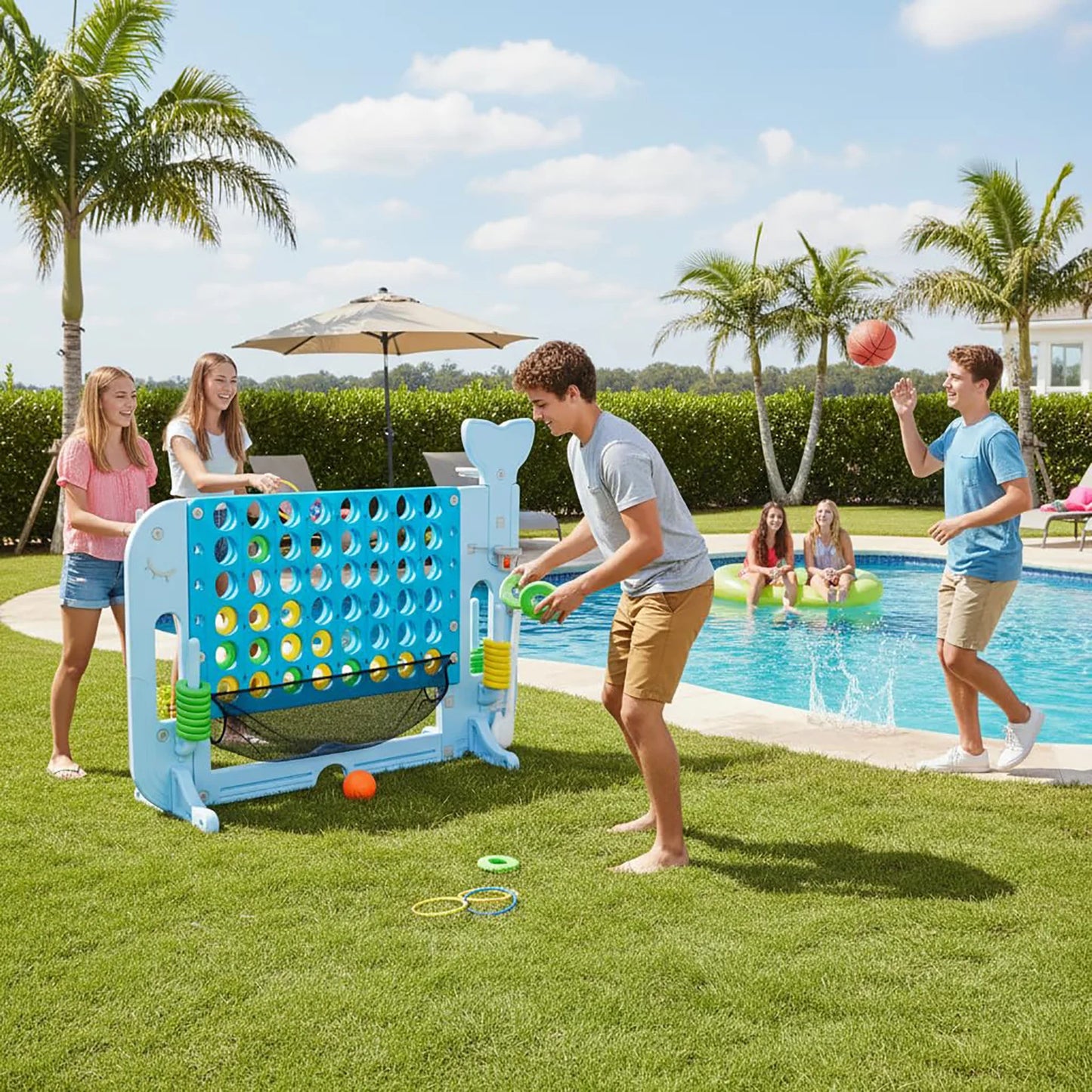 Giant 4 In A Row Game, Adjustable 4-to-Score Board With Quick Release, Basketball Golf Ring Toss, Indoor Outdoor Party Games