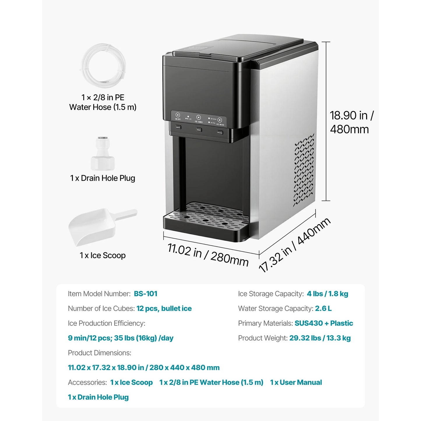 SucceBuy Water Dispenser with Ice Maker Water Dispenser Fast Ice Making Bullet/Crushed Ices & Cold-Water for Home Kitchen Party