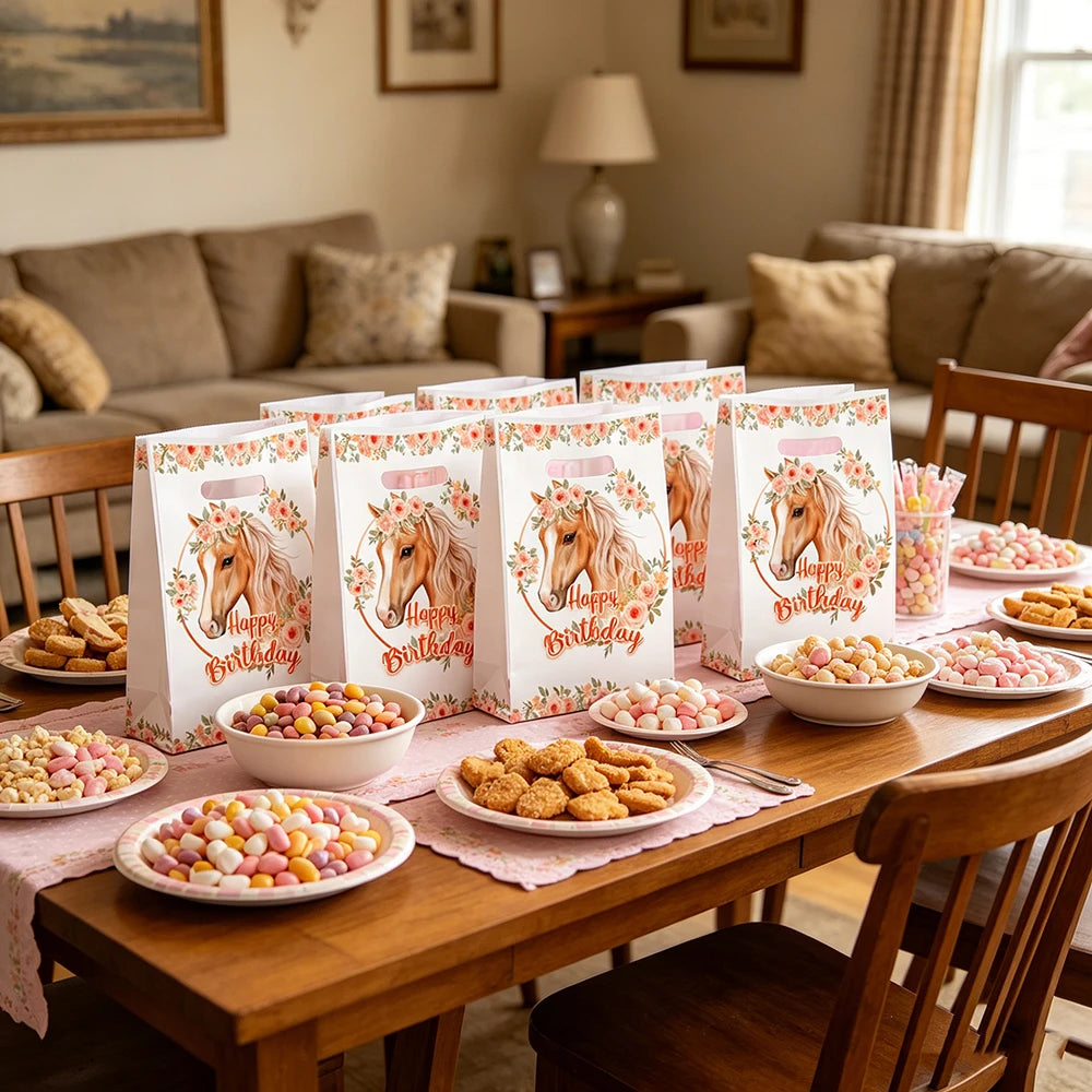 10/50PCS Cartoon Farm Horse Gift Bags Racing Horse Themed Dream Princess Cowboy Baby Shower Birthday Candy Bags Decor Supplies