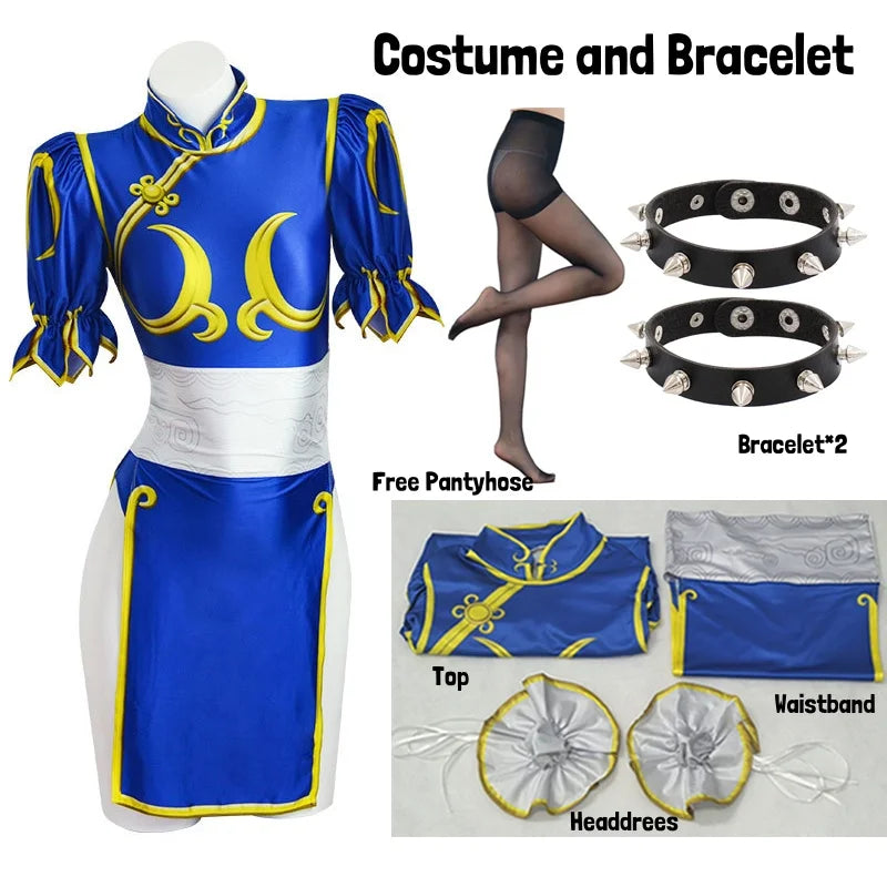 Women's Chun-Li Cosplay Costume | Blue Outfit & Bracelet Options | Halloween & Gaming Events