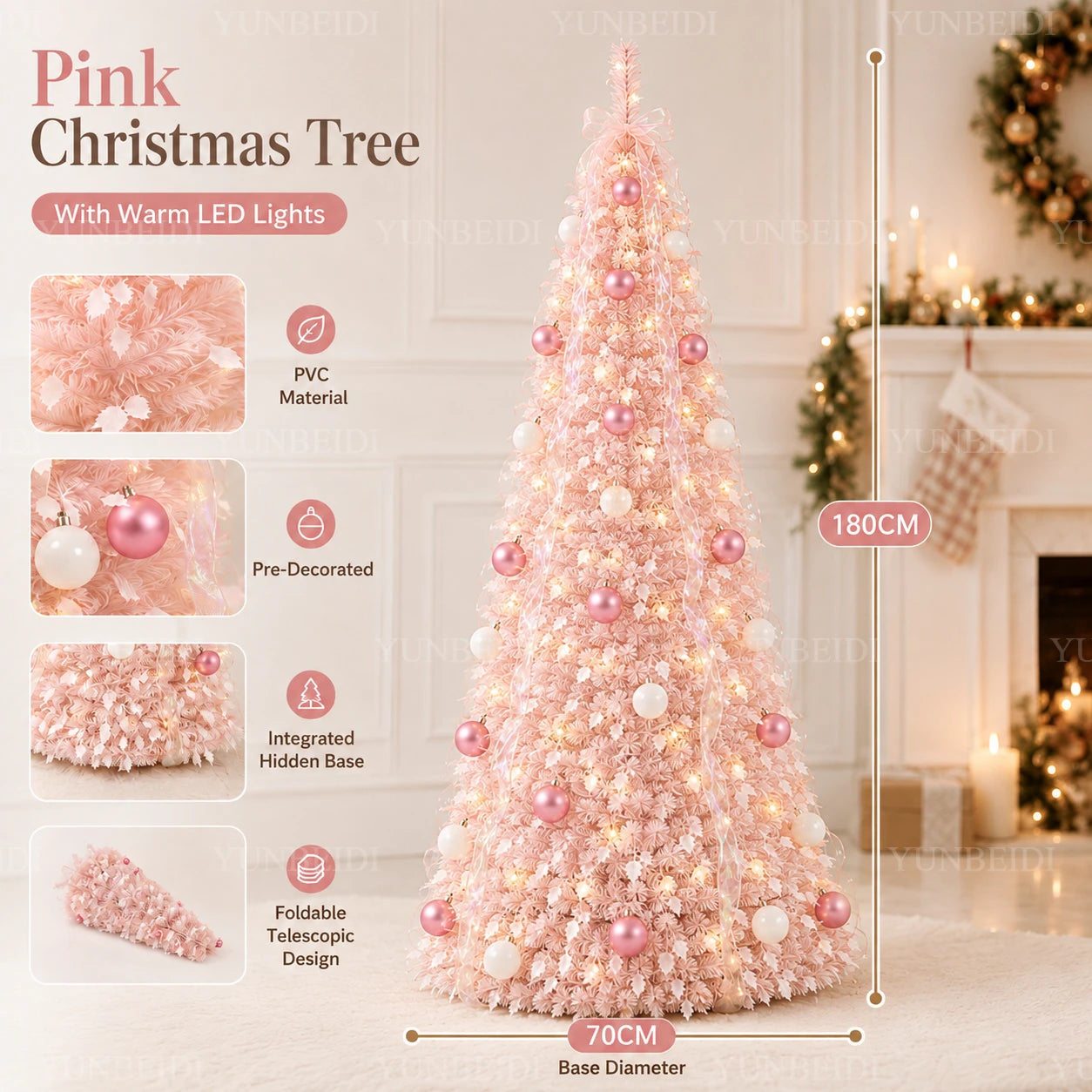 Pink Integrated Foldable Christmas Tree with Ornaments LED Lights High-end Christmas Tree 1.5M/1.8M Family Christmas Decorations