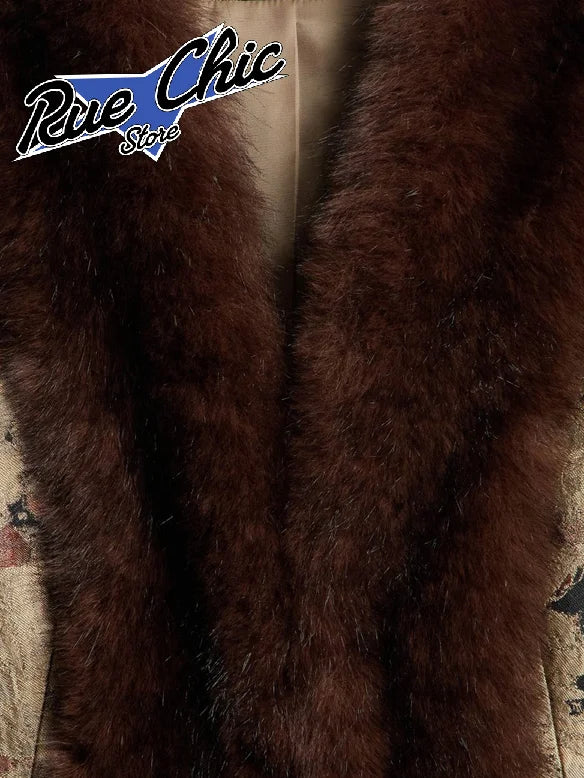Floral Jacquard Faux Fur Trim Coat Women V Neck Single Button Full Sleeve Furry Cuff Jacket Lady Vintage Winter Warm Party Coats