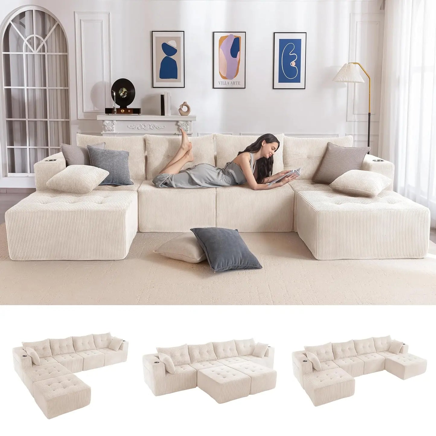 Boneless Couch, 129.5-Inch U-Shaped Cloud Couch, 2 Ottomans | Orange Tufted Modular Sofa in a Box Requires No, Customized