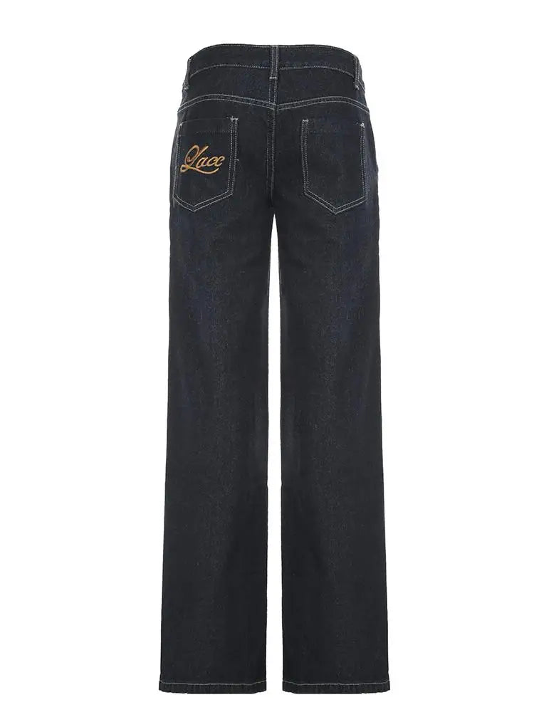 Women's Slim Fit Flared Jeans Y2K Vintage Low Rise Stretch Denim Pants with Embroidery Distressed Style for Everyday Outfits