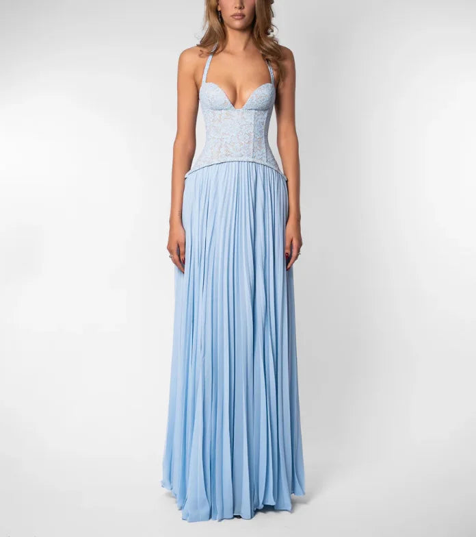 Green Corset Halter Long Dress Women Backless Off Shoulder Pleated Patchwork Slim Maxi Dress 2026 Summer Lady Party Evening Gown