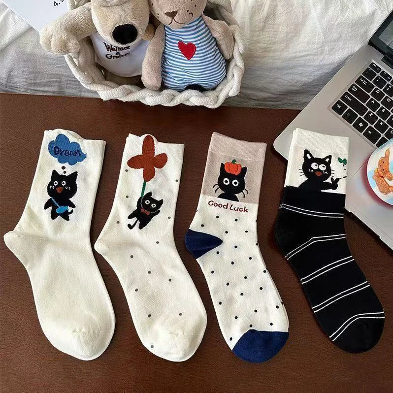 4 Pairs Women's Cartoon Dog Socks Korean Foldable Two-Wear Sweatproof Cotton Oxford Mid-Calf Socks for Fall and Spring