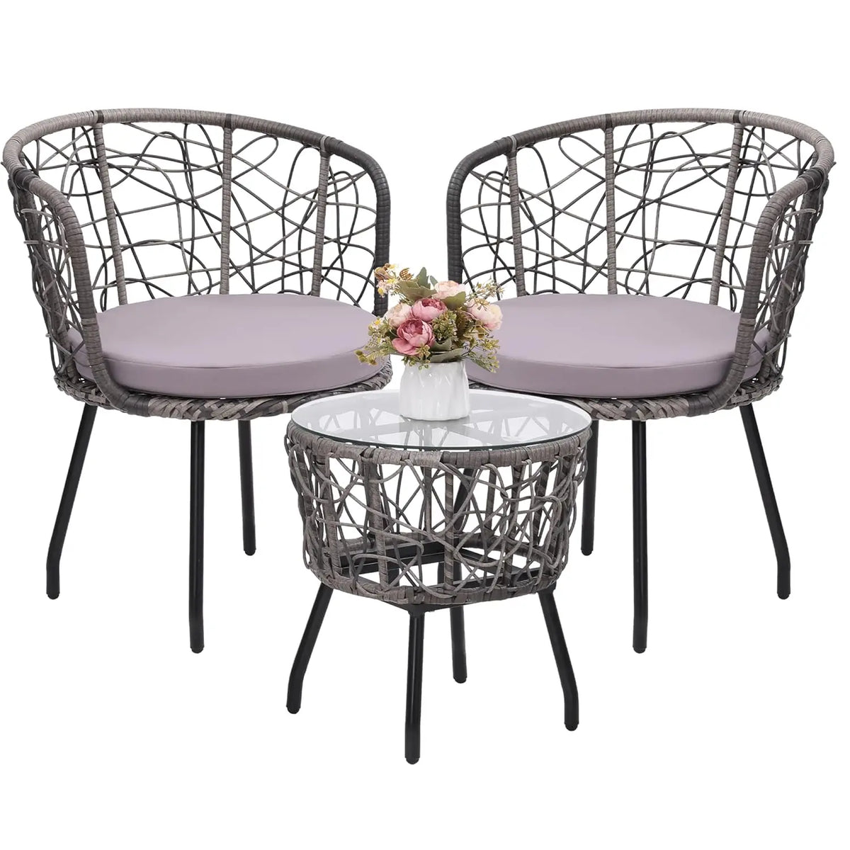 4 Piece Patio Bistro Outdoor Furniture Set, Wicker Sofa, 2 Rattan Chairs, and Table, Backyard Conversation Set, All, Customized