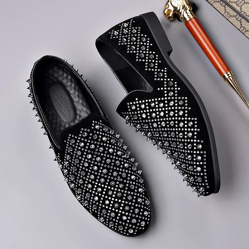 large size mens fashion stage nightclub cow suede leather rivets shoes slip-on studded shoe breathable loafers designer footwear