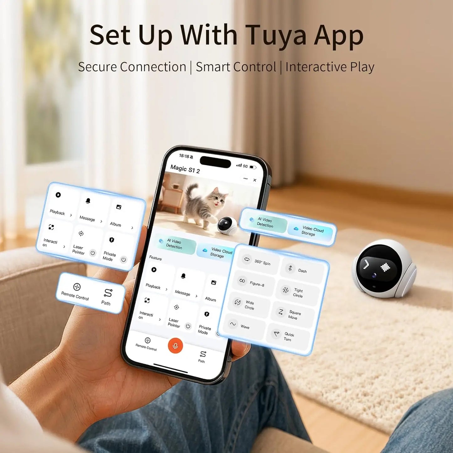 1080P HD Movable Pet Camera with 2.4GHz WiFi, Motion Tracking, Laser Toy, Two-Way Audio, App Controlled - Robot Companion Monitor for Dogs and Cats Home Security