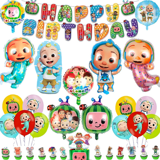 Cocomelon Balloon JJ Melon Watermelon Toy Happy Birthday Banner Party Decoration Backdrop Cake Topper JOJO Disposable Tableware