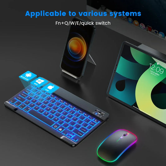 Wireless Bluetooth Keyboard Mouse Set 7-Color Backlight Multi-language Portable Rechargeable Keyboard for iPad Android Windows
