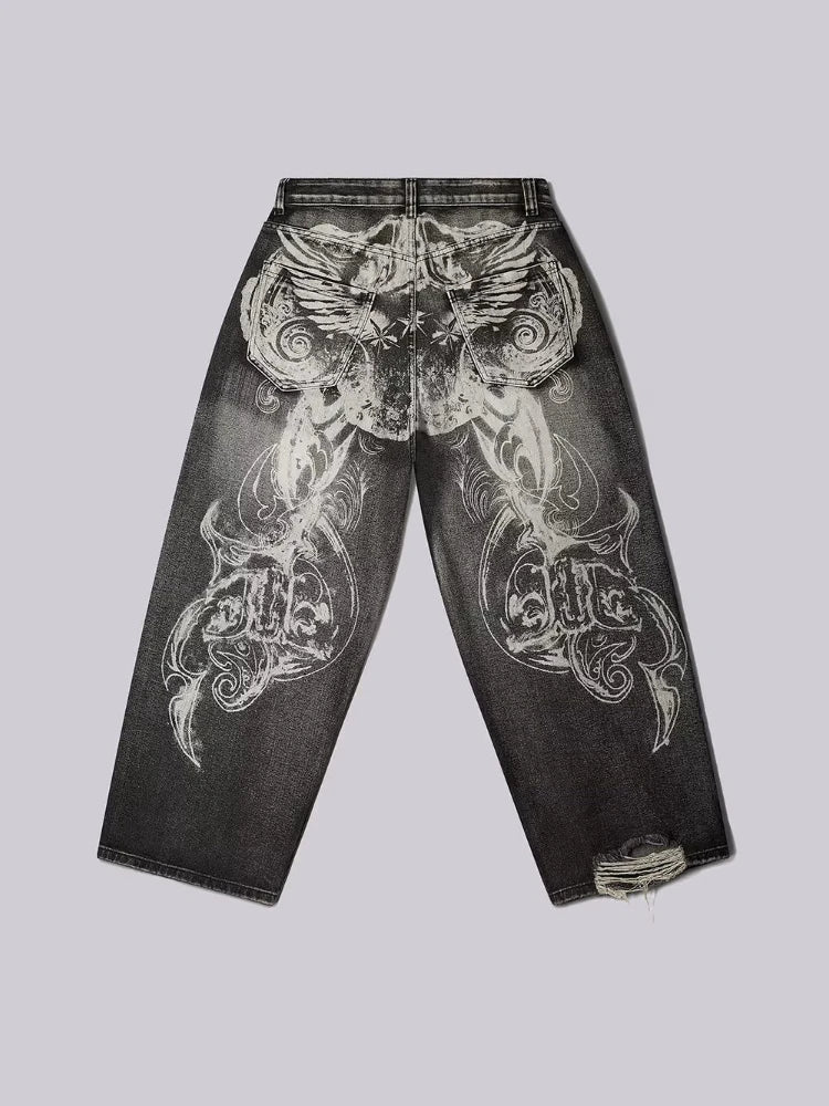 HOUZHOU Y2k Gothic Vintage Graphic Women Man Ripped Jeans Grunge Washed Wide Leg American Style Denim Trousers Baggy High Street