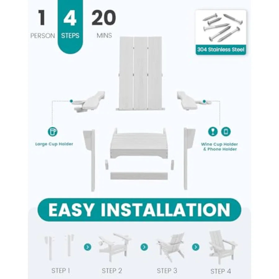 Outdoor folding Adirondack chairs set of 2 with 9-ft umbrella, polywood material, classic white, weather-resistant and space-sa
