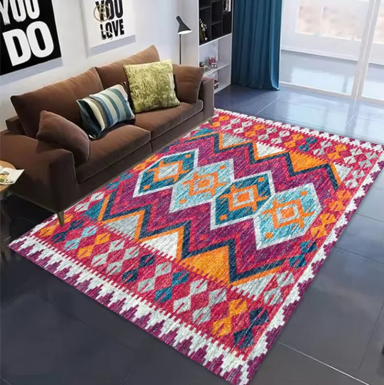 Living Room Rug Indian Tribal Geometric Theme Carpet Non-Slip Soft Easy To Clean Durable Wild Ethnic Decor Area Home Decor Mat