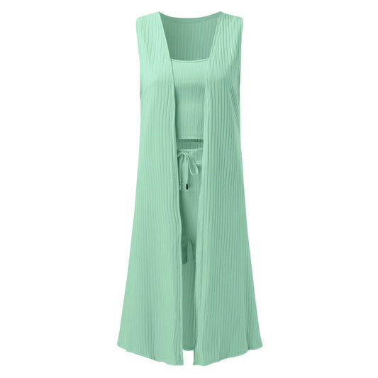 Solid Color 3 Piece Pants Set Women Fashion Casual Stretchy Wear Ladies Ribbed Casual Sleeveless Coat Vest And Shorts Suits
