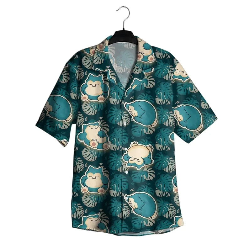 Summer Hot Selling Snorlax Men's Hawaiian Shirt Shorts Set Women Home Casual Loose Fitting Anime Pajamas T-shirt Shorts Set Gift