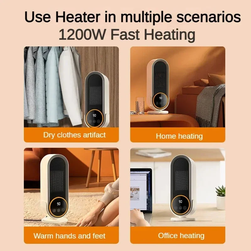 1200W PTC Portable Heater, 3-Speed Timer 30/60/90min, 2 Temp Settings, 3s Fast Heating, Overheat & Tip-Over Protection, Quiet